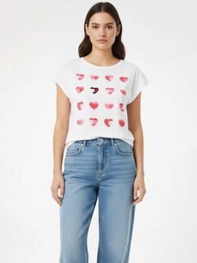 NWT New TOMMY HILFIGER Women Cotton Tee pink heart prints Shirt White Size S